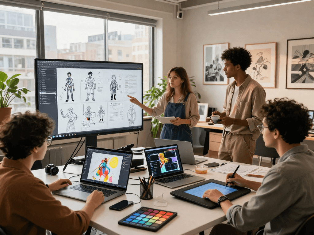 Diverse team creating innovative nsfw ai visuals in vibrant digital art studio.